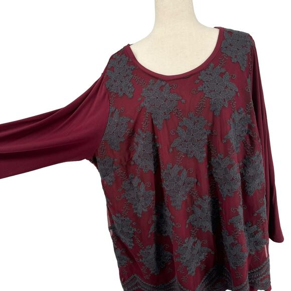 LOGO Lavish Lace Overlay Scoop Neck Top Tunic 2X Maroon A345571 Lori Goldstein - Picture 5 of 15